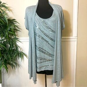 Jana Two Piece Sequined Tank And Short Sleeve Kimono Set, size Large‎